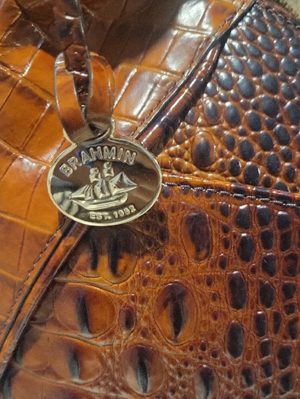 Brahmin Cognac Croc-Embossed Leather Hobo Shoulder Bag - Picture 3 of 4